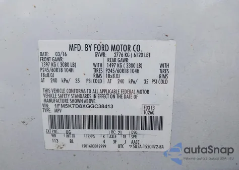 2016 Ford Explorer Xlt z USA, uszkodzony, nr VIN 1FM5K7D8XGGC38413